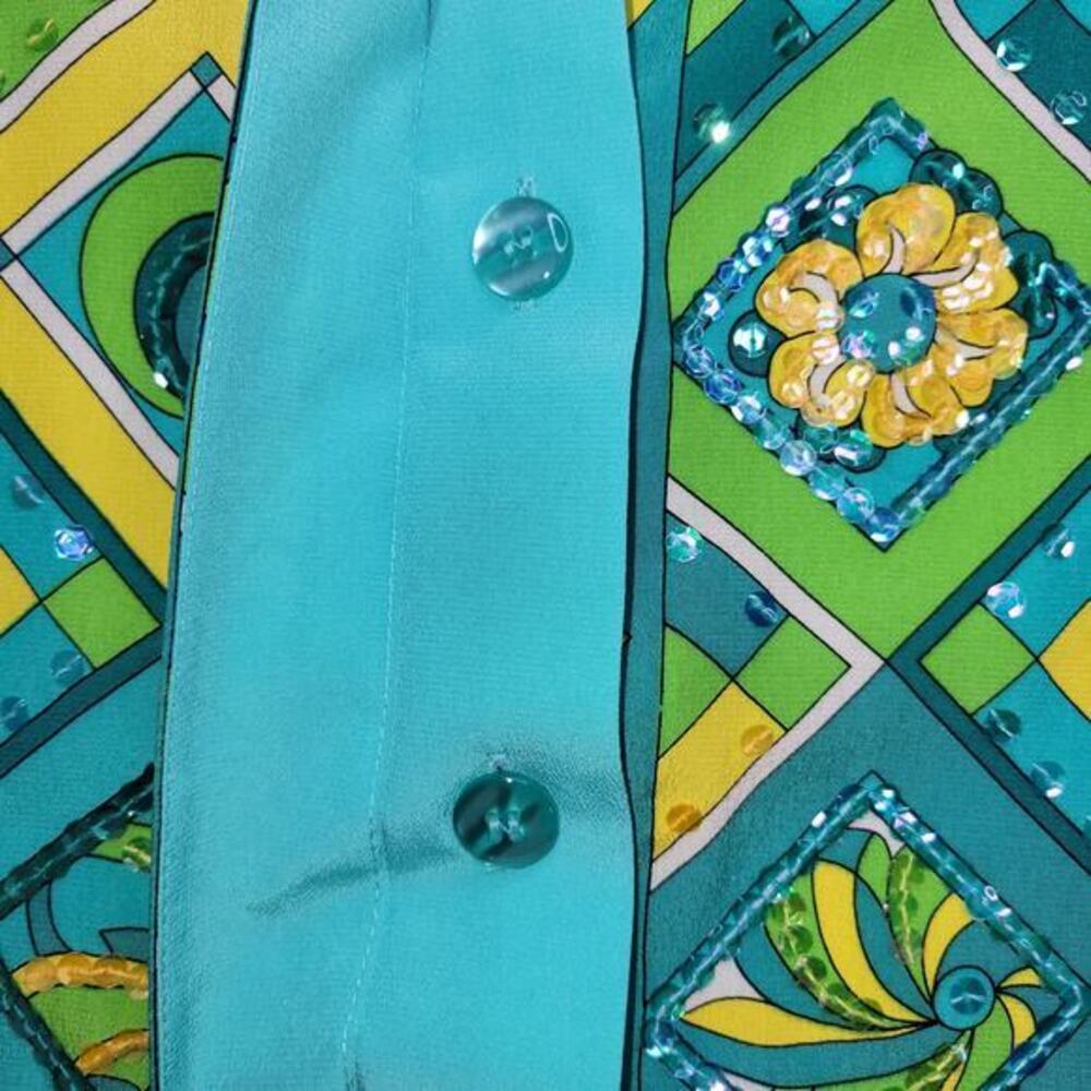 Diane Gilman Womens Blouse‎ Top 1X Silk Sequin Art to Wear Blue Yellow Green - Picture 4 of 9